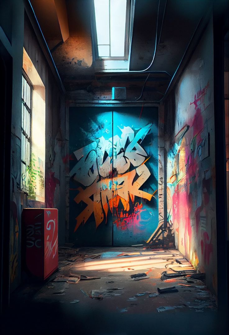 An alley with graffiti on the walls and a door - Street art