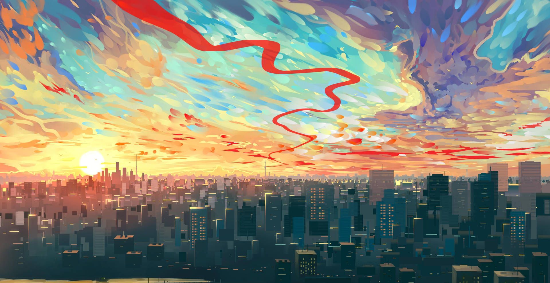 Digital painting of a cityscape with a red kite flying in the sky - Street art