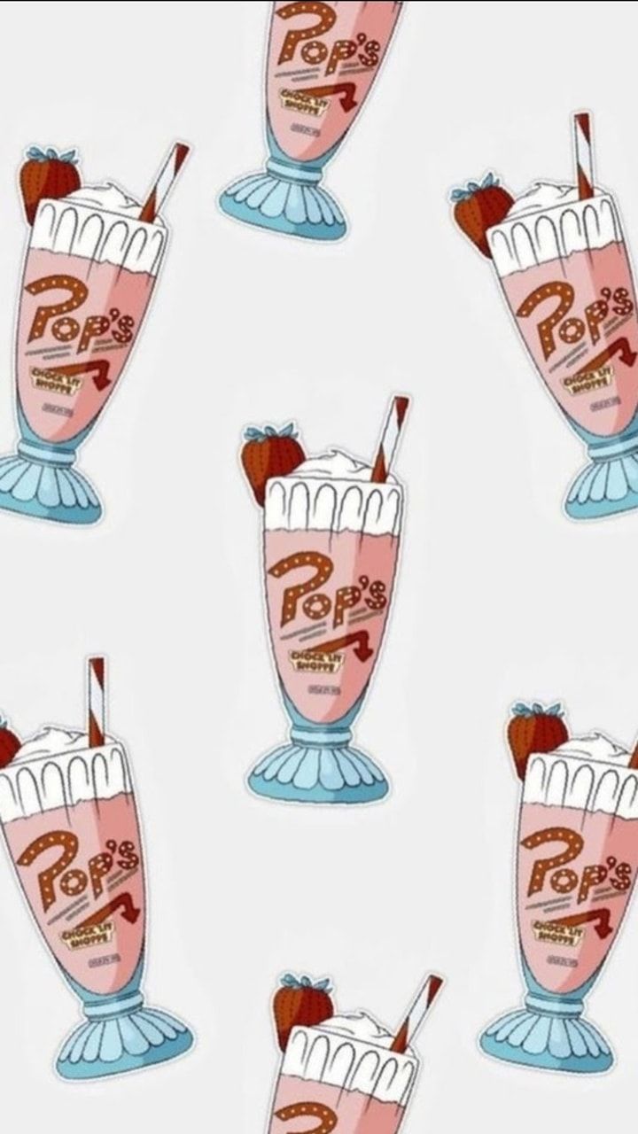 A pattern of pink milkshakes with red straws and the word Pops on them - Riverdale