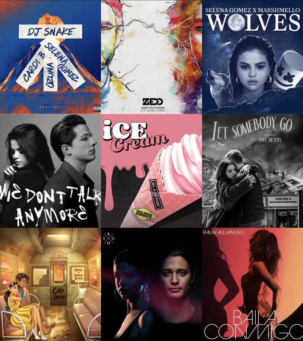 A collage of album covers including DJ Snake, Selena Gomez, and Zedd. - Riverdale