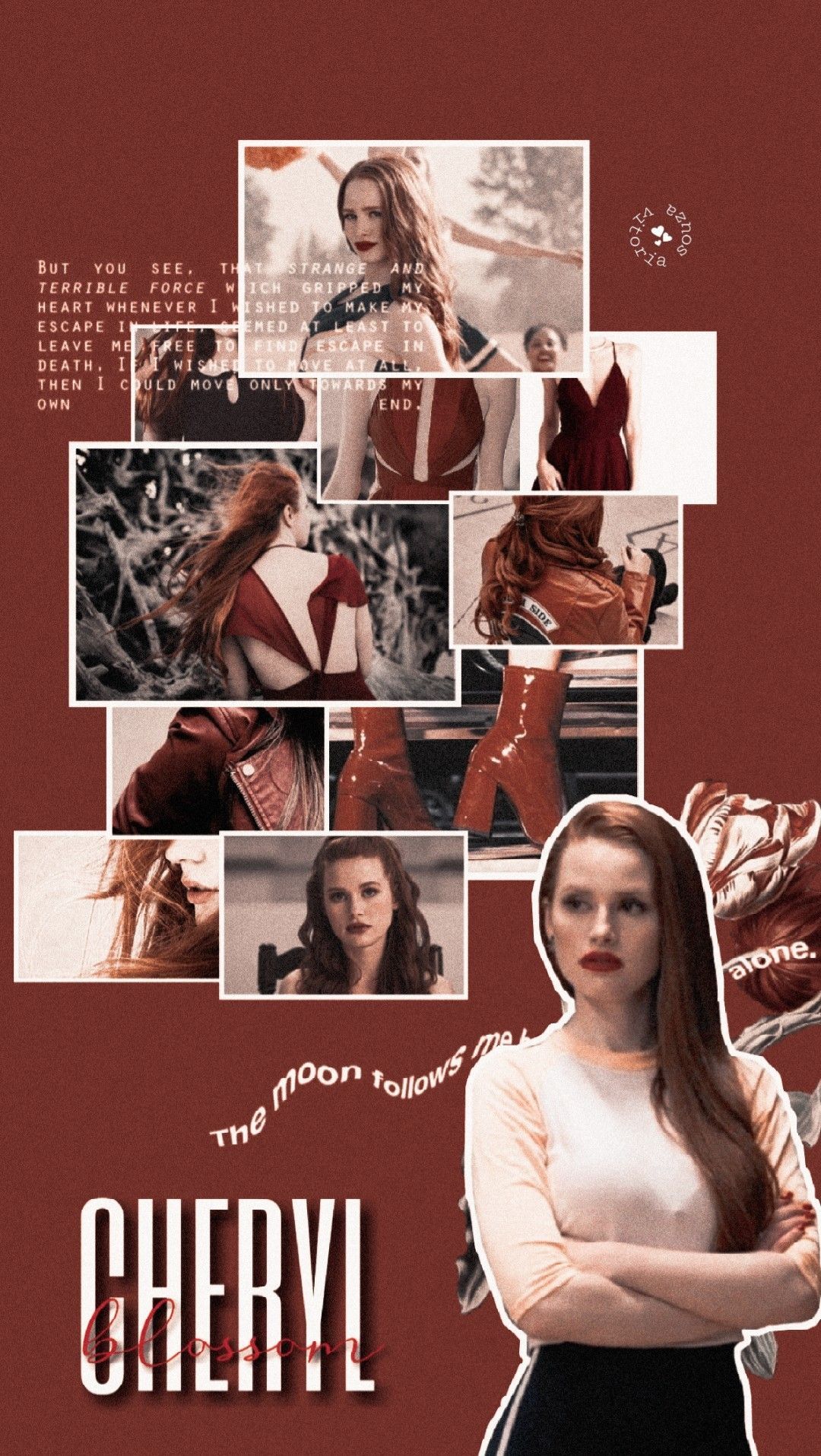 A Cheryl Blossom wallpaper featuring her in different outfits and quotes from the show. - Riverdale