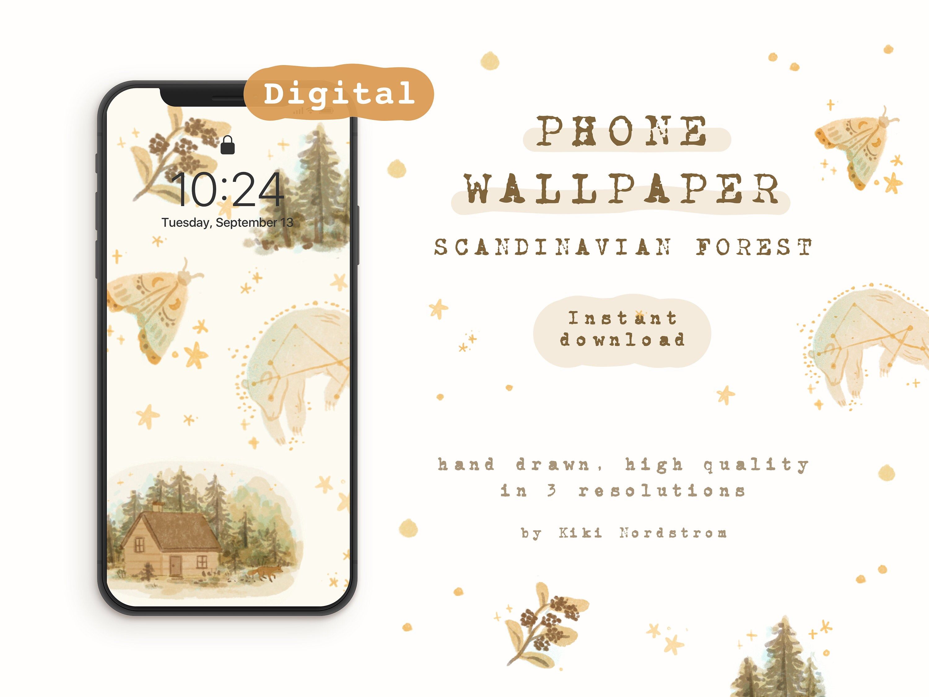 Calming Scandi Nature Phone Digital Wallpaper Hand Drawn