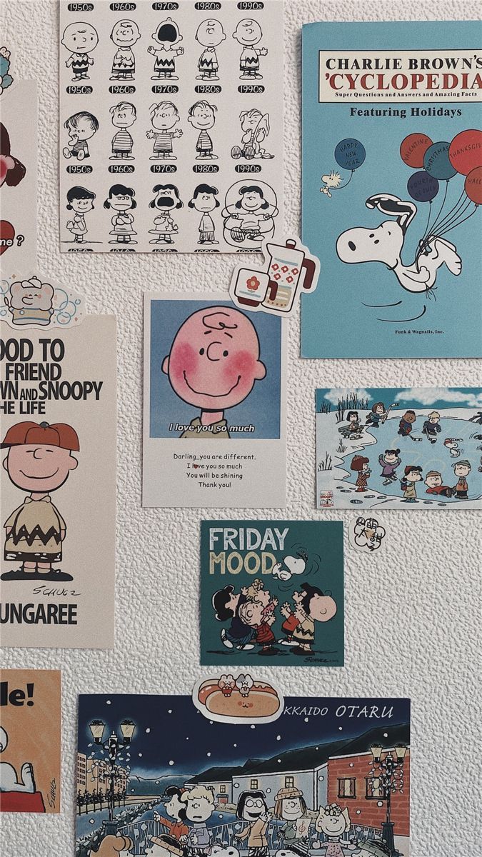 A wall of peanuts stickers and posters - Snoopy