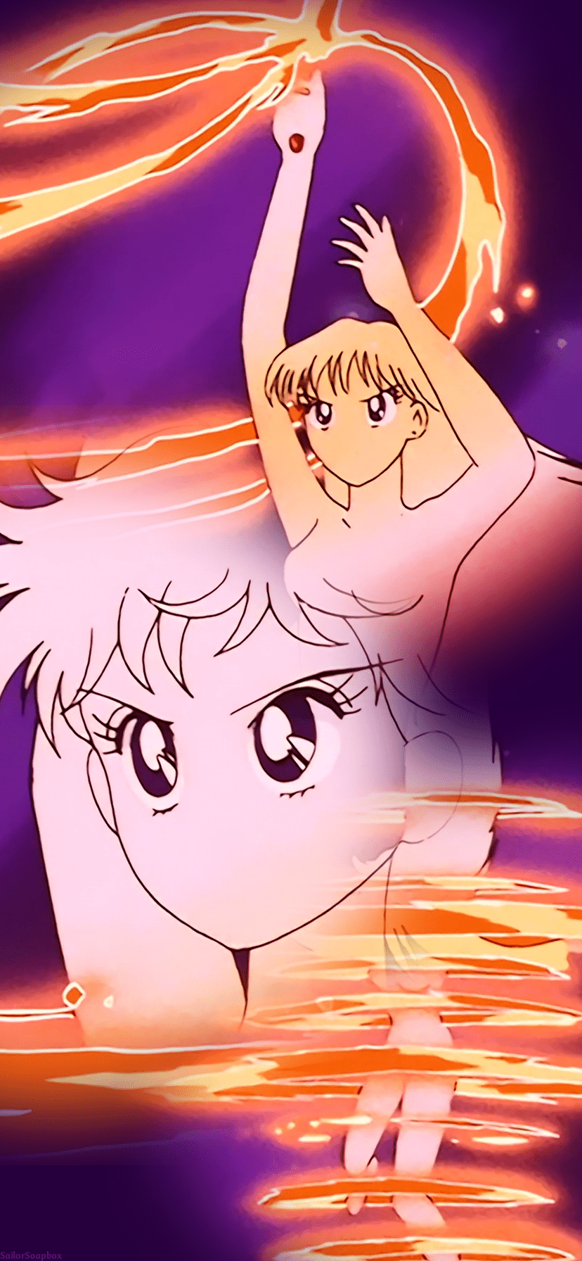 Usagi looks up at Minako, who is flying through the air with a fireball between her hands. - Sailor Mars