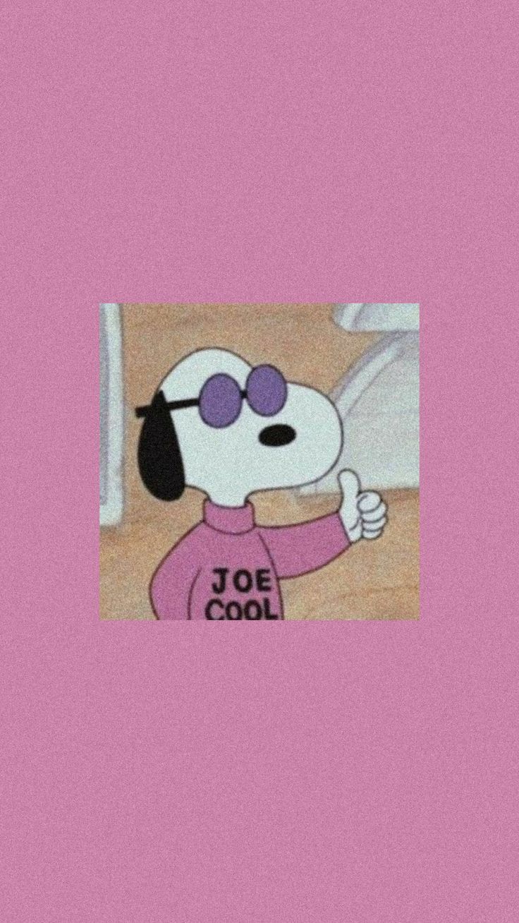 A pink background with a picture of snoopy wearing purple sunglasses and a pink jumper with the words Joe Cool on it - Snoopy