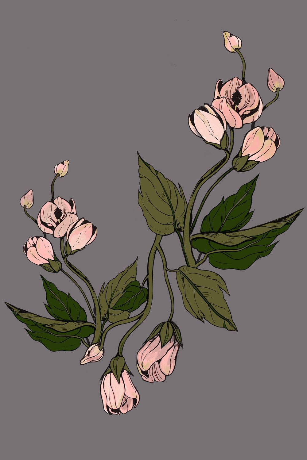 A delicate floral design in soft pink and green on a grey background. - Hand drawn