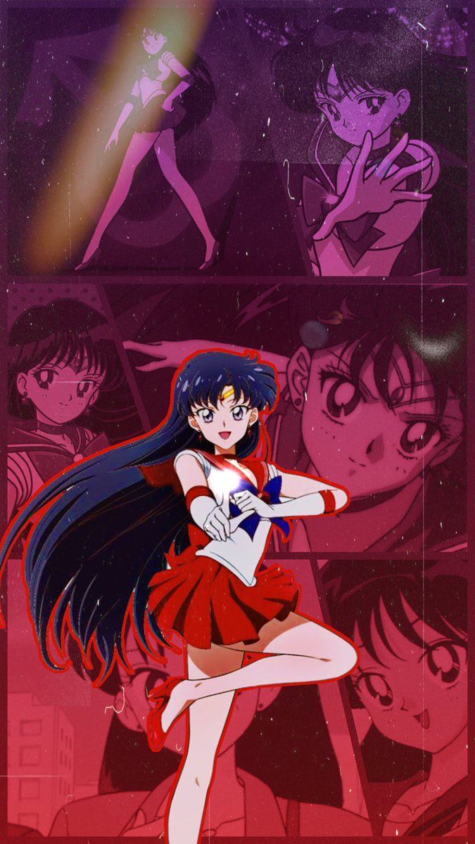 Aesthetic anime image of Sailor Mars from Sailor Moon with a red background. - Sailor Mars