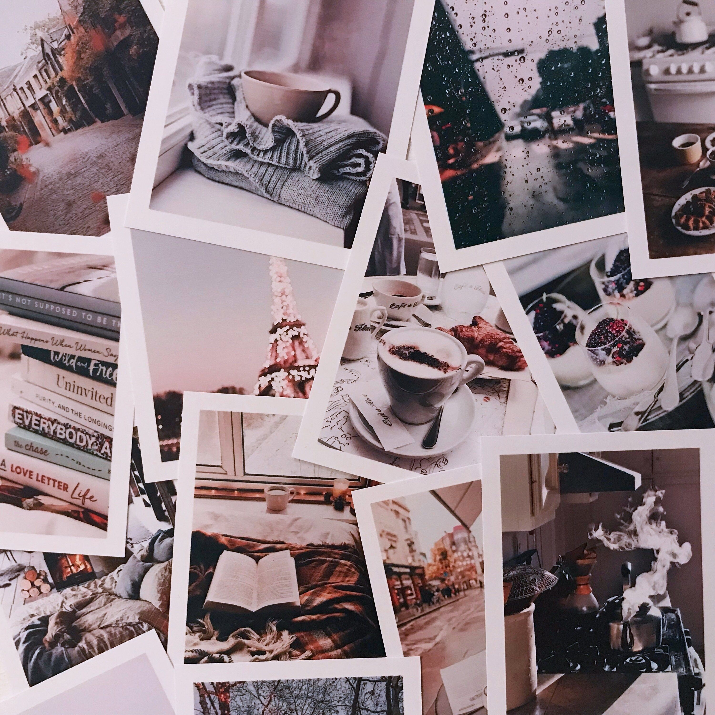 A collage of polaroid pictures of coffee, books, and sweaters. - Polaroid