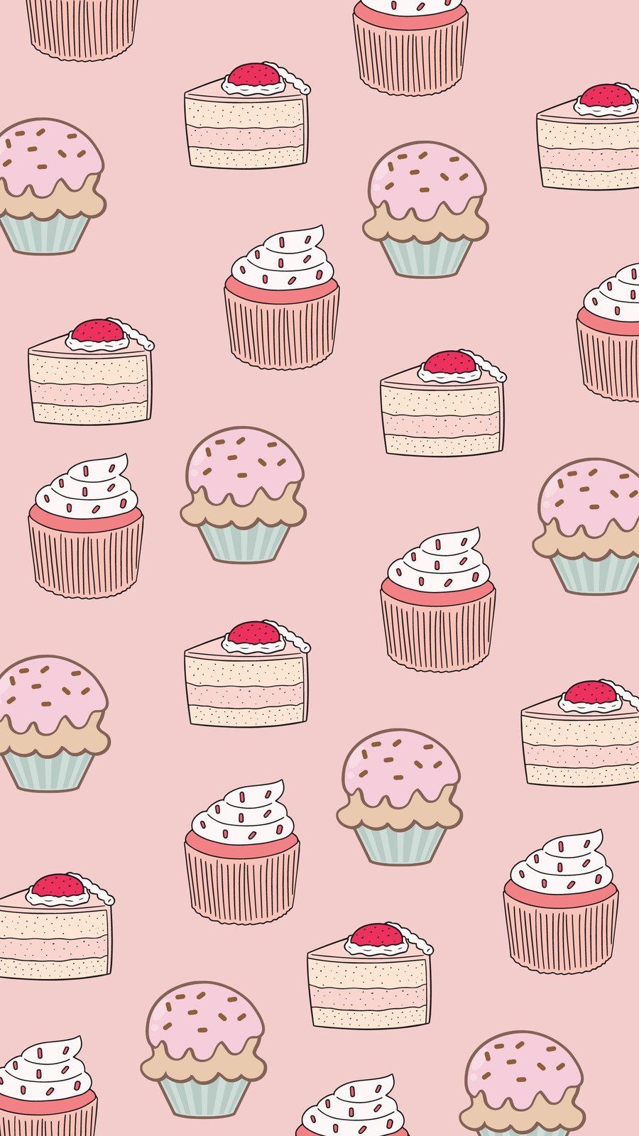 A pattern of cakes and cupcakes on a pink background - Cake