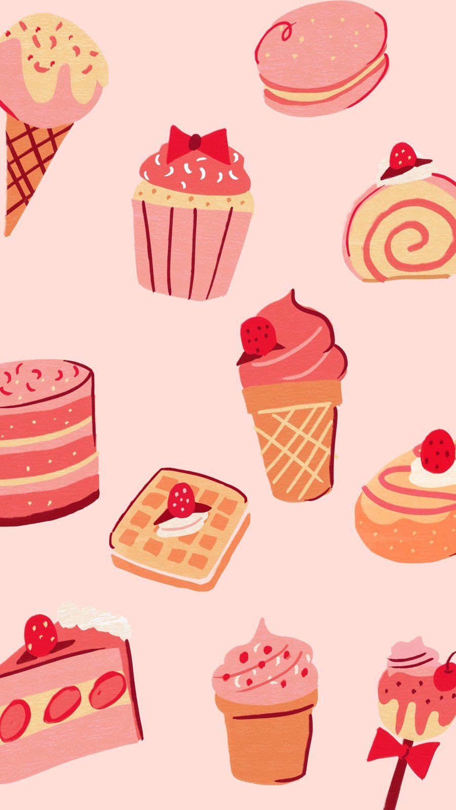 A pattern of various desserts including ice cream, waffles, cakes, and cupcakes. - Cake