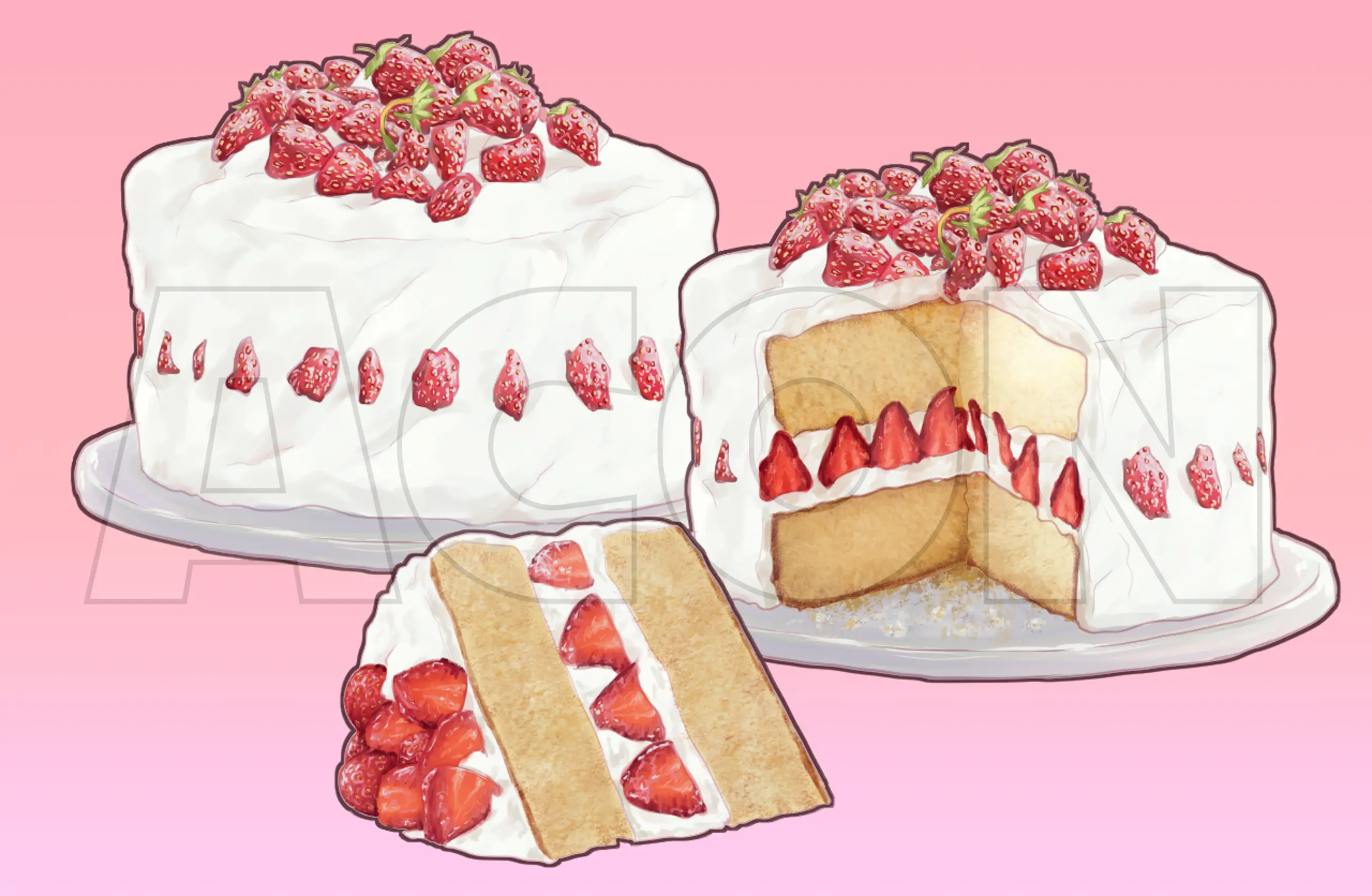 A strawberry shortcake cake with a slice cut out and placed on a plate in front of it. - Cake