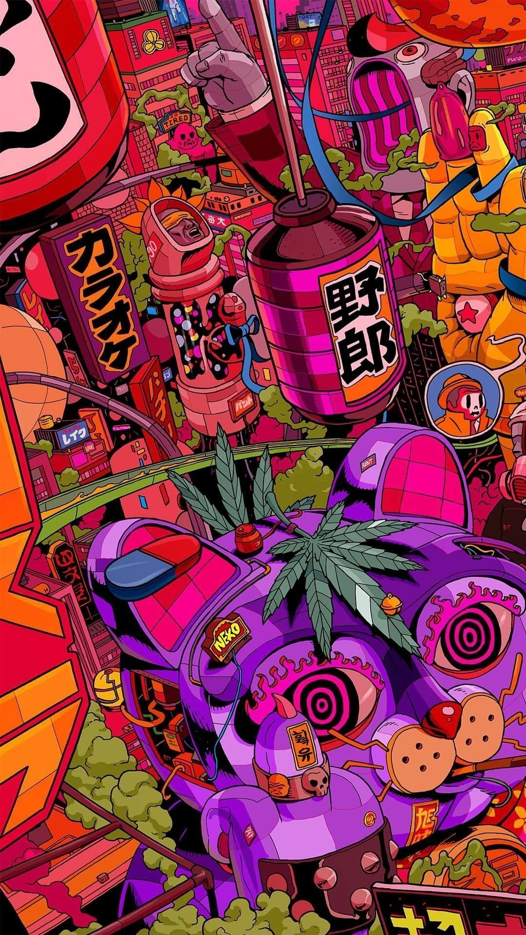 A colorful cartoon of an asian city - Graffiti, weed, trippy, kidcore, TikTok