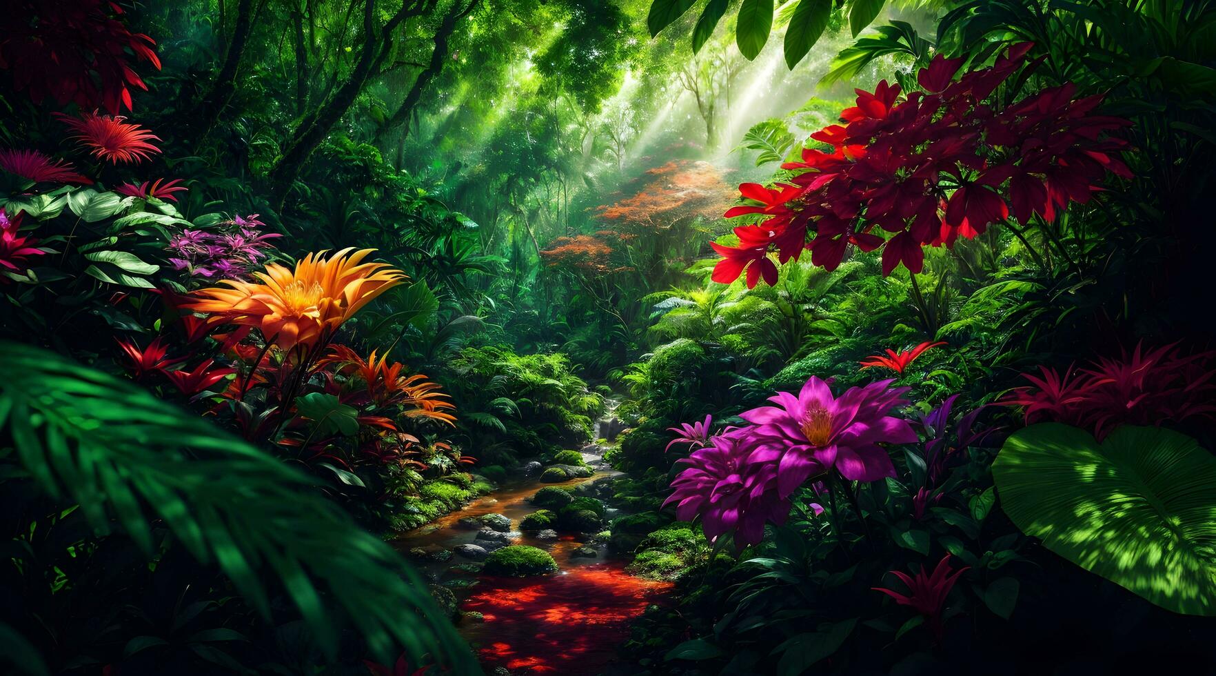 3D digital painting of a tropical rainforest with a stream and colorful flowers - Jungle