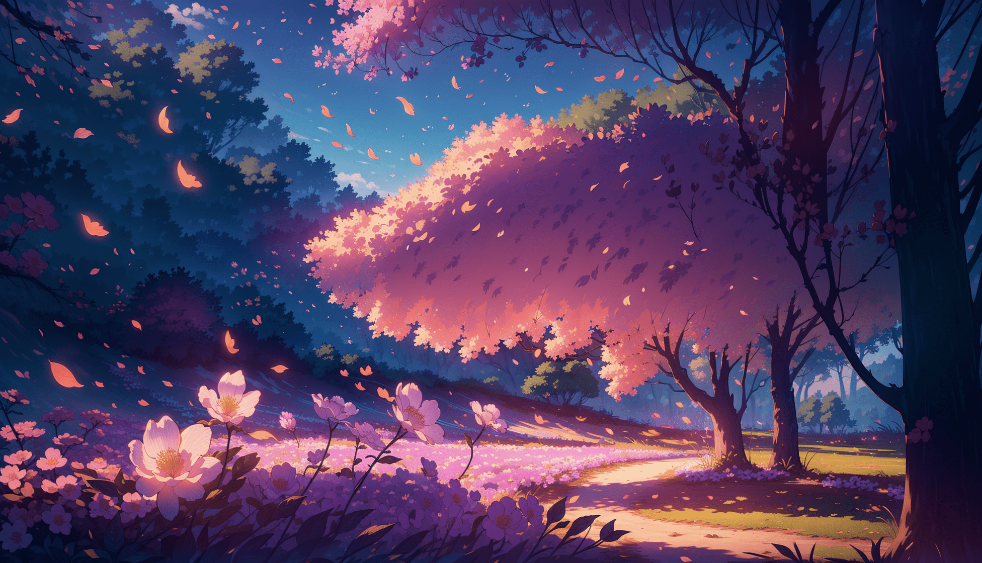 A digital painting of a forest with pink flowers - Anime landscape, scenery, landscape