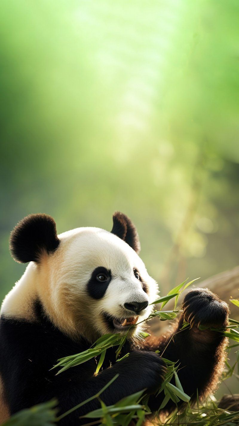 A panda bear eating bamboo in a forest. - Panda