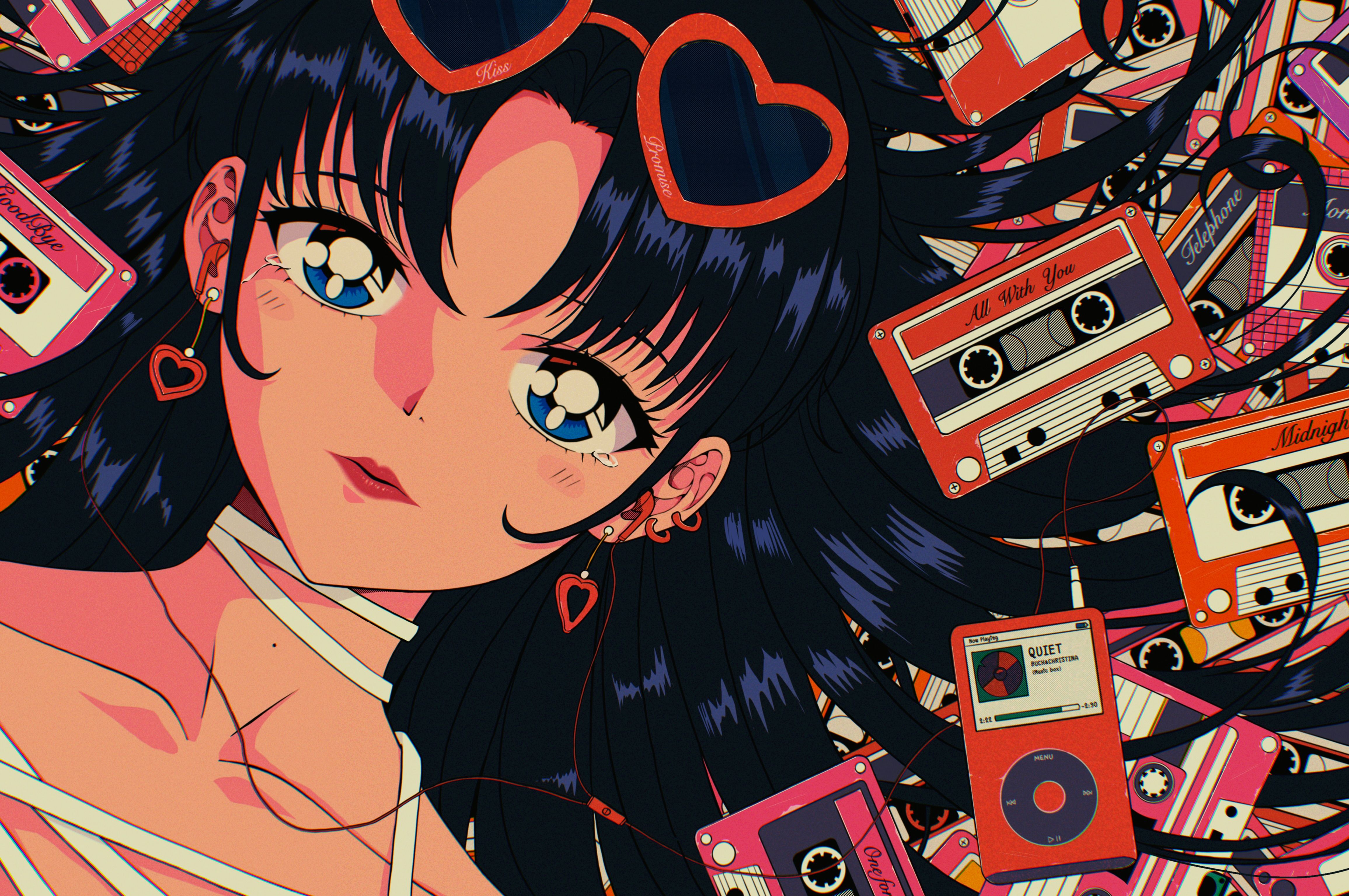 An anime girl with heart-shaped sunglasses and a bunch of audio cassettes - Sailor Mars