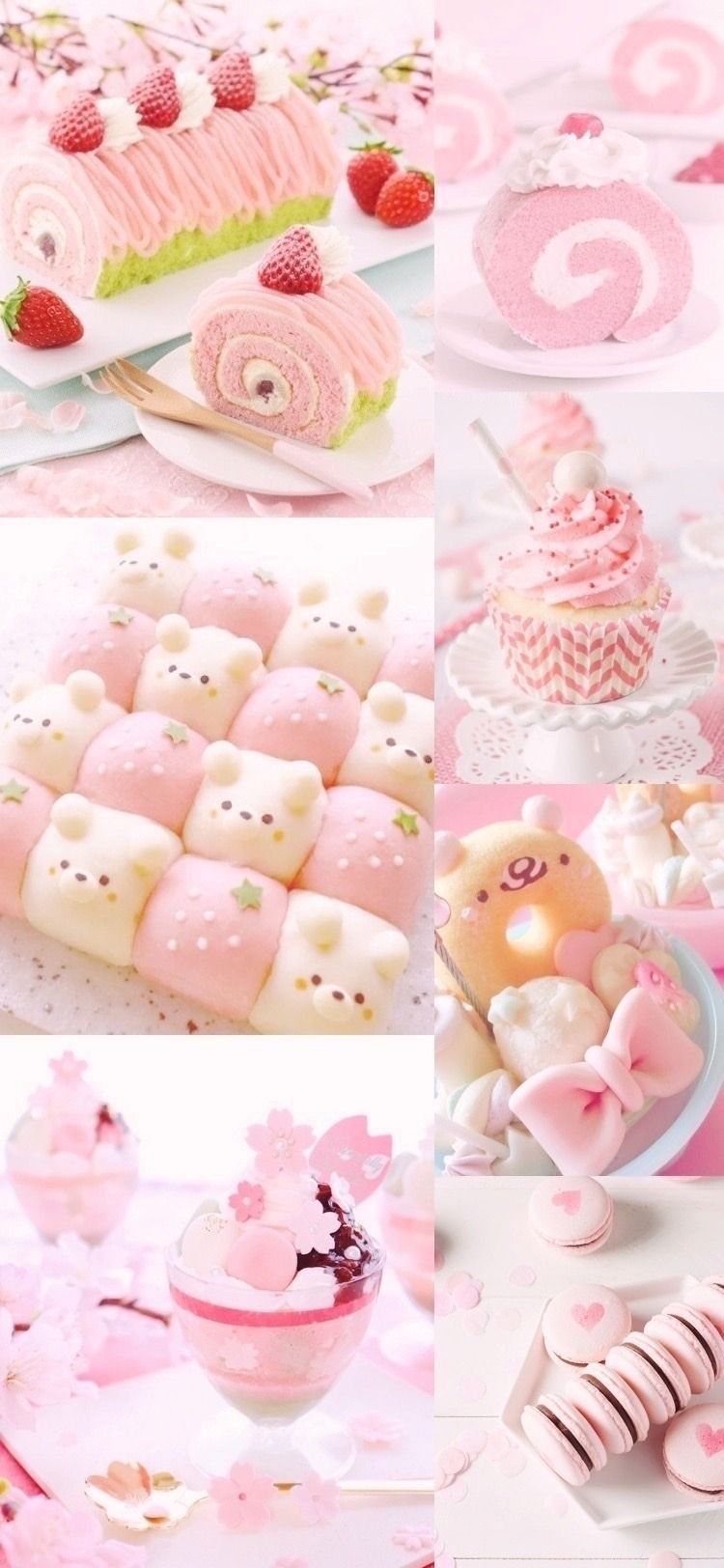 A collage of pink desserts including cakes, macarons, and donuts - Cake