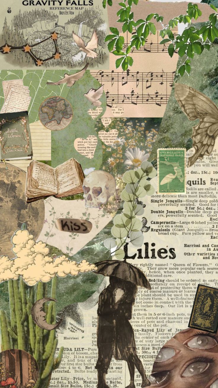 A collage of a dog, plants, music, and books. - Goblincore