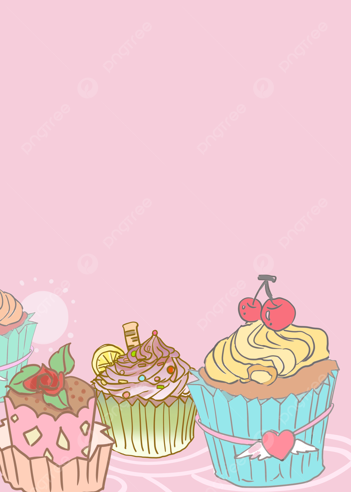 A pink background with three cupcakes on the bottom. - Cake