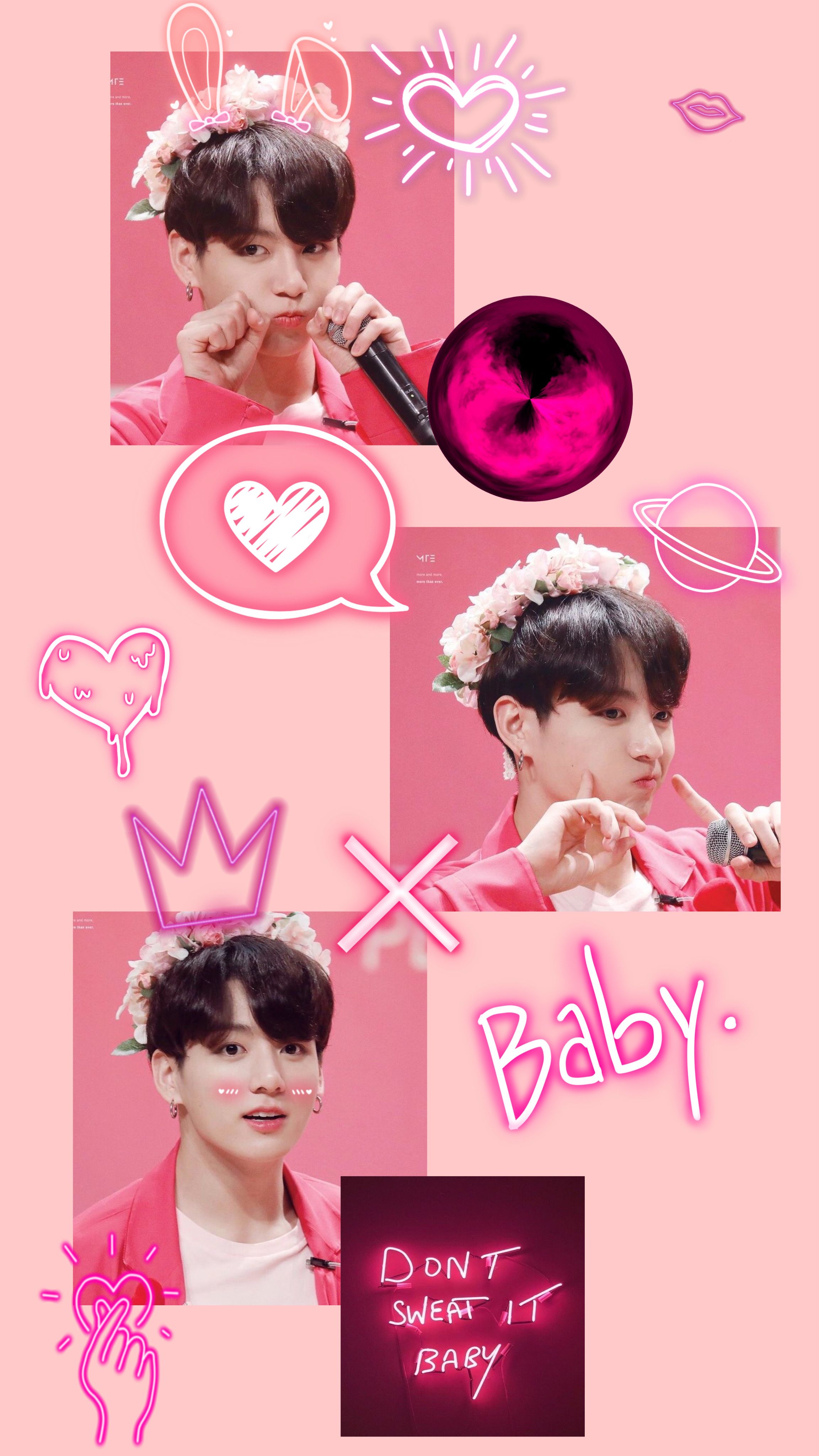 A collage of Jimin from BTS in pink and purple with a crown, heart, speech bubble, and baby - Jungkook