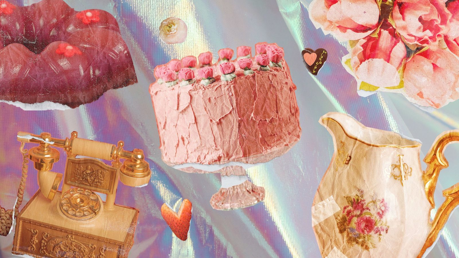 A collage of a cake, a phone, a vase, and flowers on a rainbow background - Cake