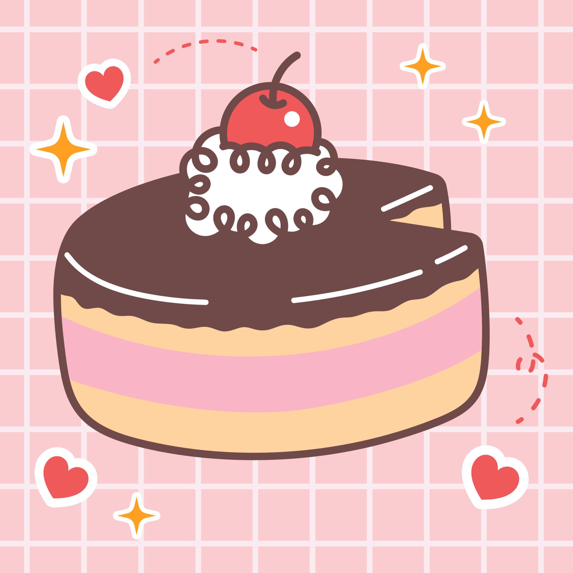 A piece of cake with chocolate frosting, pink filling, and a cherry on top. - Cake