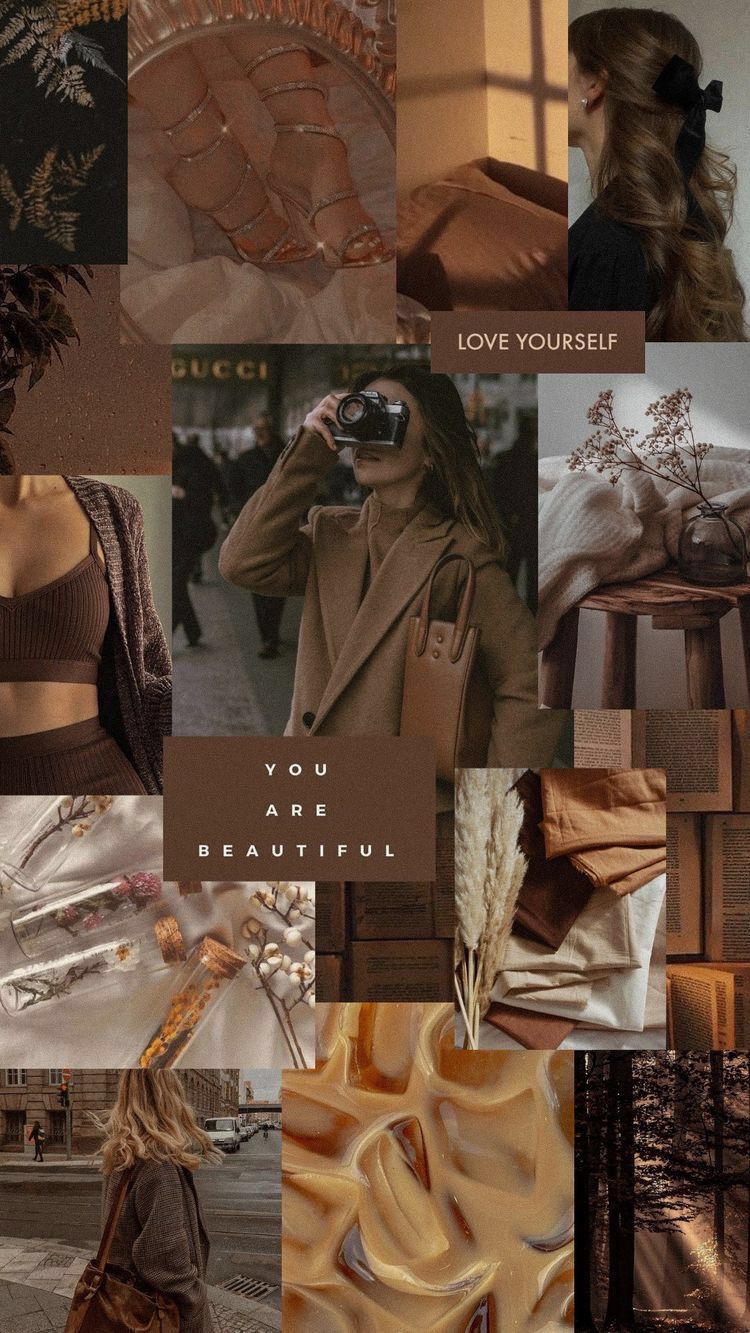 Aesthetic collage of brown and beige images, including a girl taking a photo, a handbag, and a vase of flowers. - Gucci