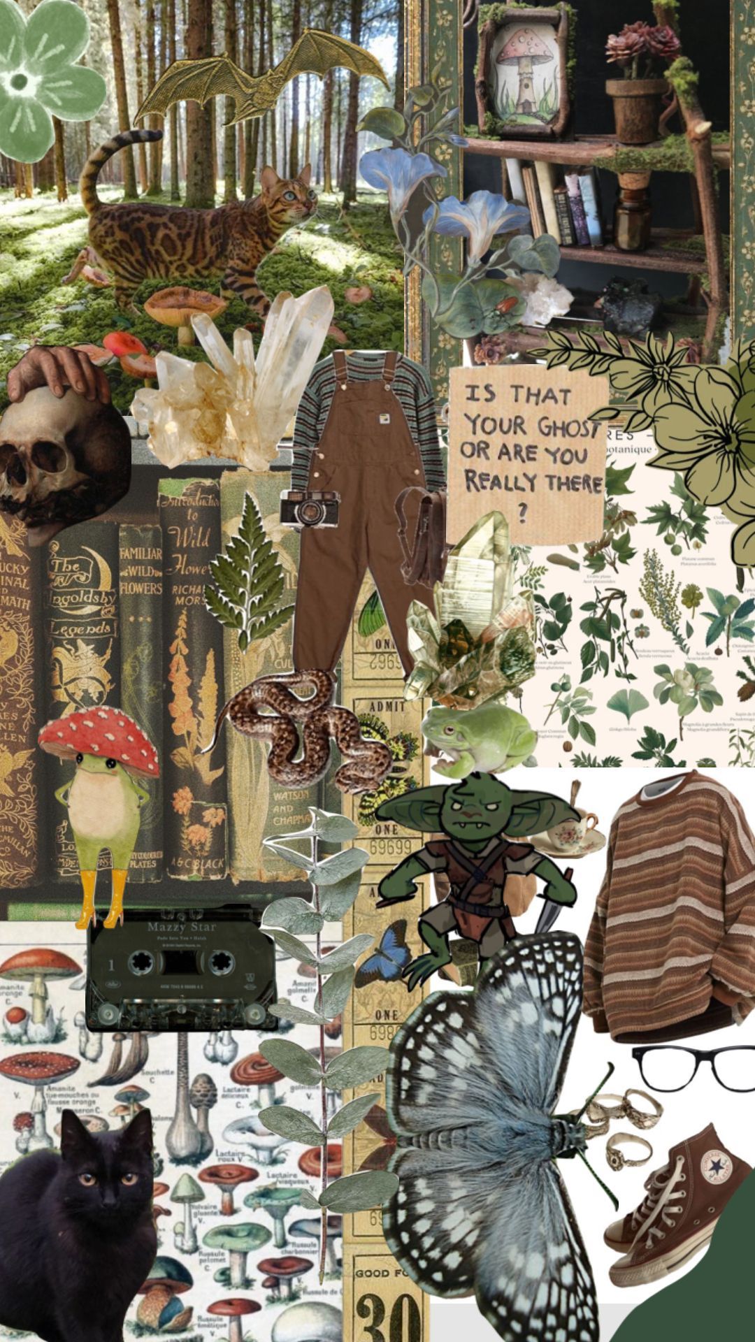 Aesthetic collage of nature, plants, mushrooms, butterfly, books, and a cat. - Goblincore
