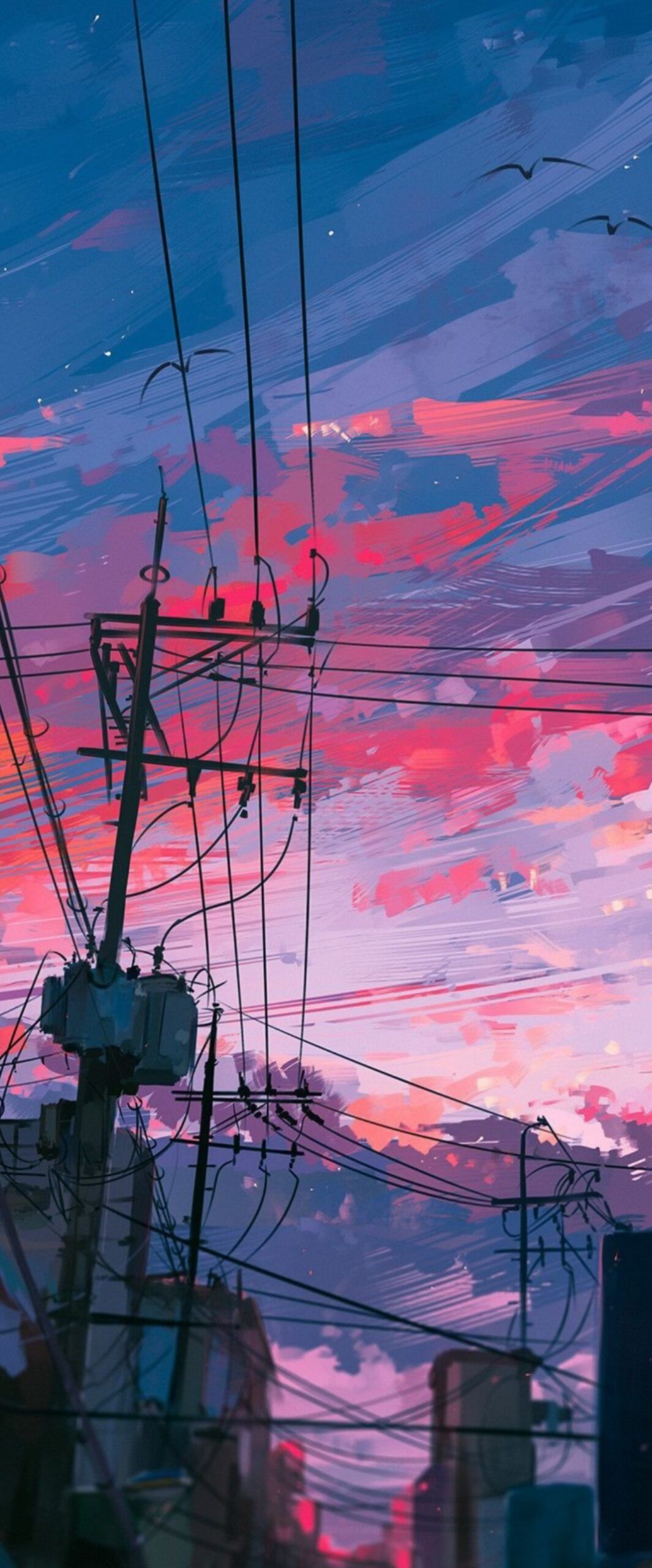 Aesthetic anime scenery wallpaper of power lines under a pink and blue sky - Anime landscape, scenery