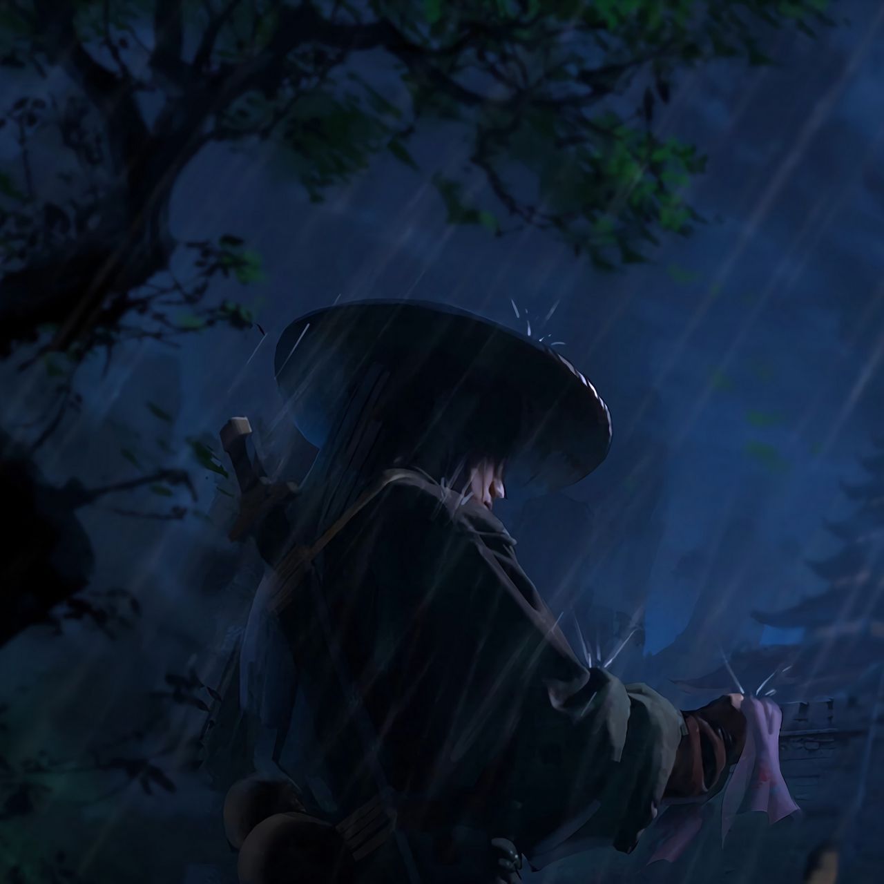 An animated character with a black hat holding a umbrella in the rain. - Samurai