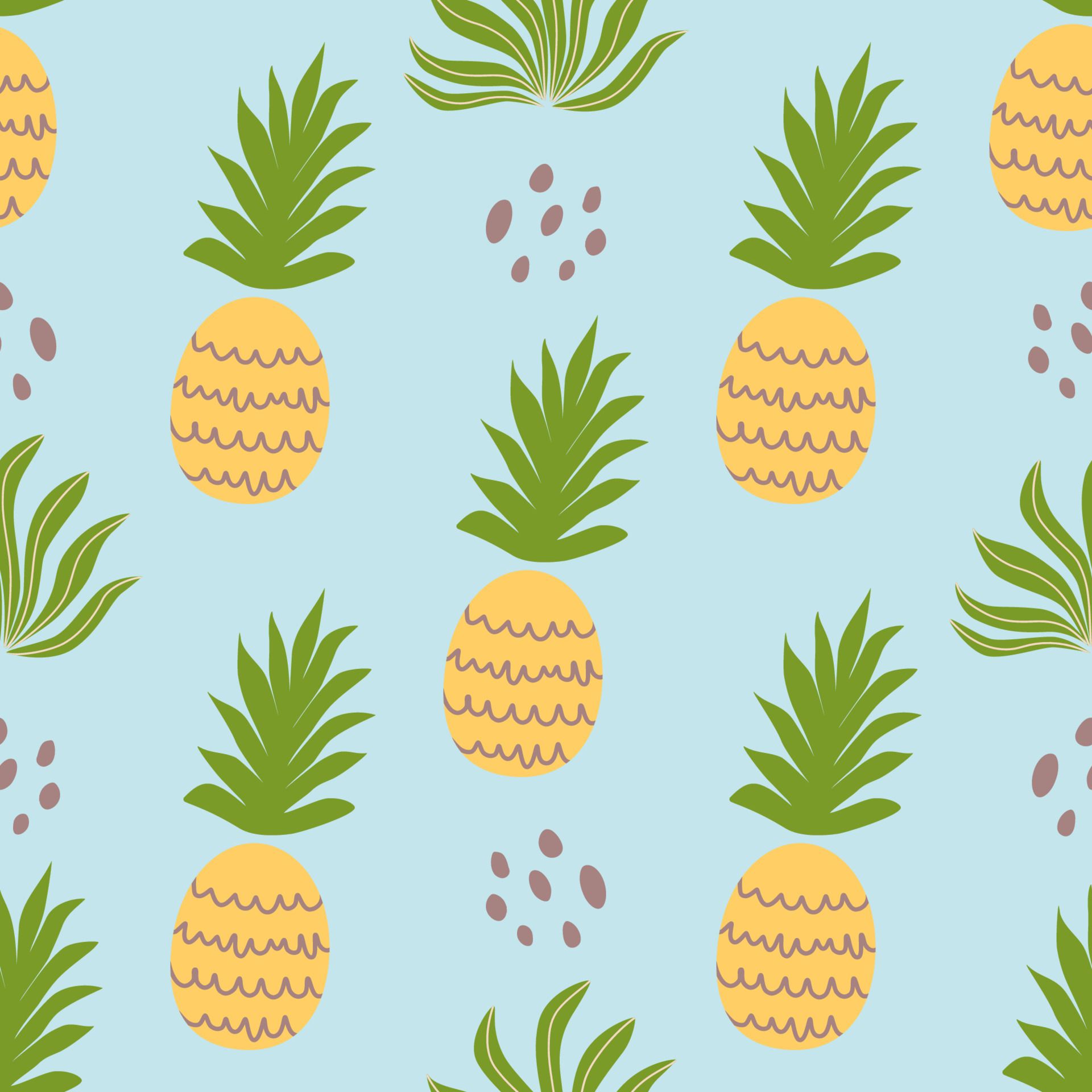 Beach summer seamless pattern with pineapple. Cute tropical yellow pineapple on blue background. Fabric textile summer vibes design. Hawaii exotic print. Vector illustration. Pineapple wallpaper