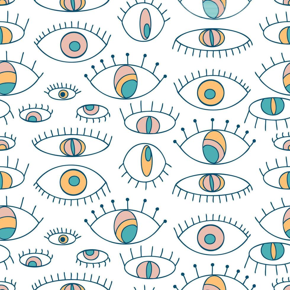 Psychedelic seamless pattern with doodle eyes. Groovy retro print for tee, textile and fabric