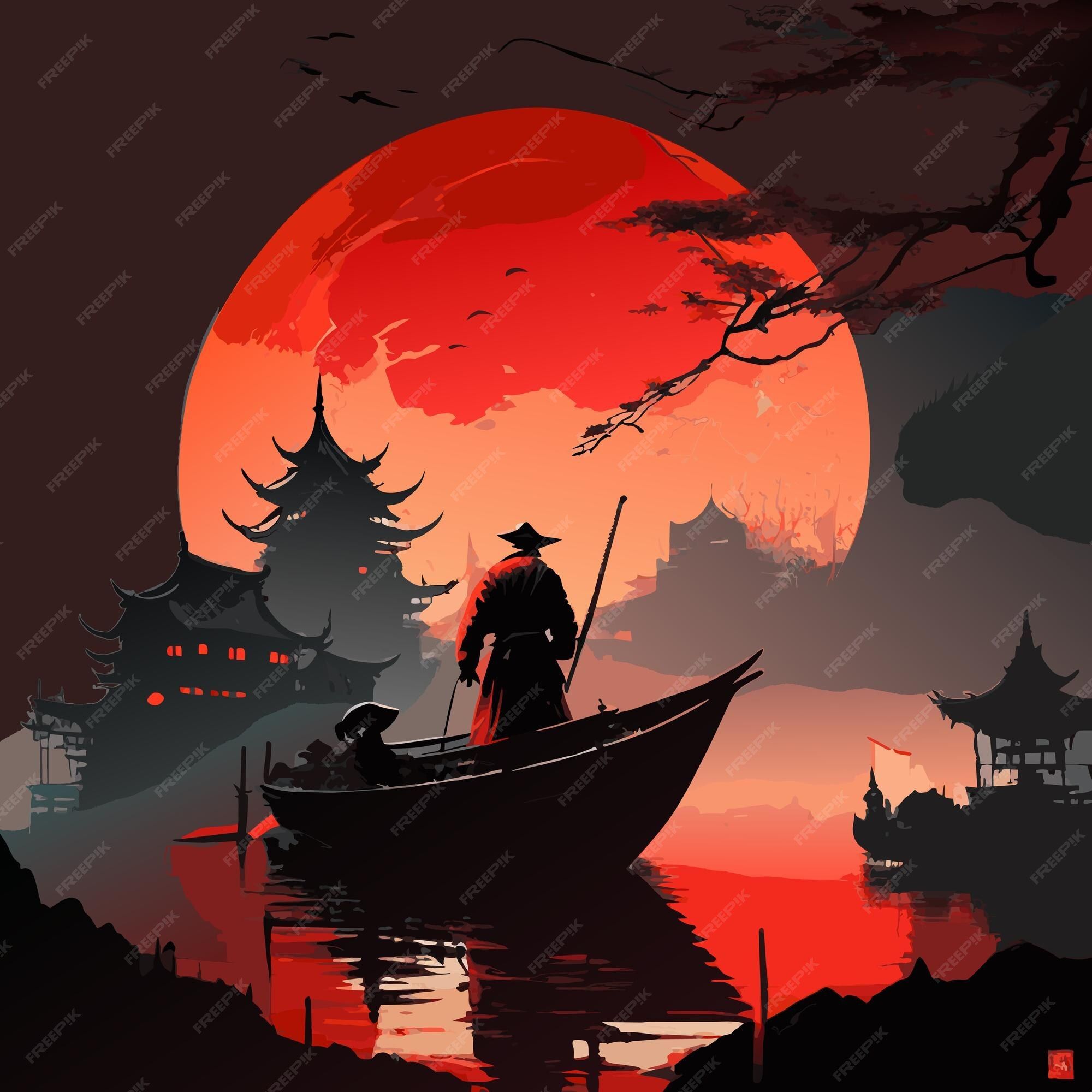 Japanese samurai on a boat in the night - Samurai