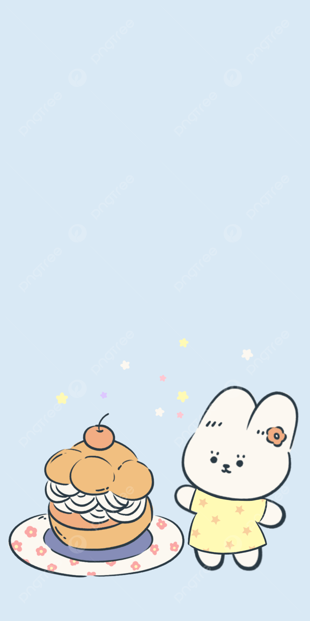 A cartoon bunny in a dress stands next to a large cupcake on a plate. - Cake