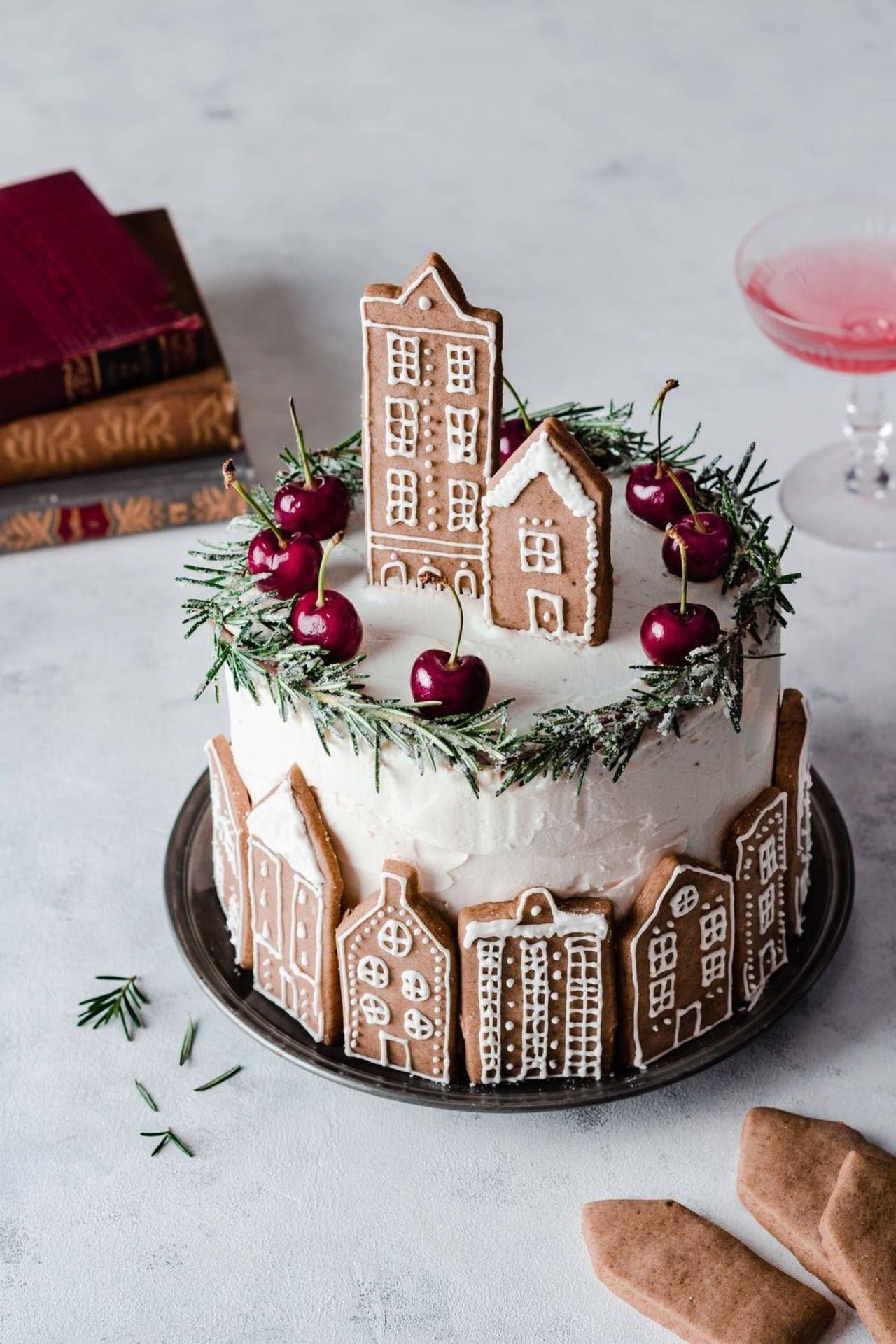 Download Christmas Aesthetic Village Themed Cake Wallpaper