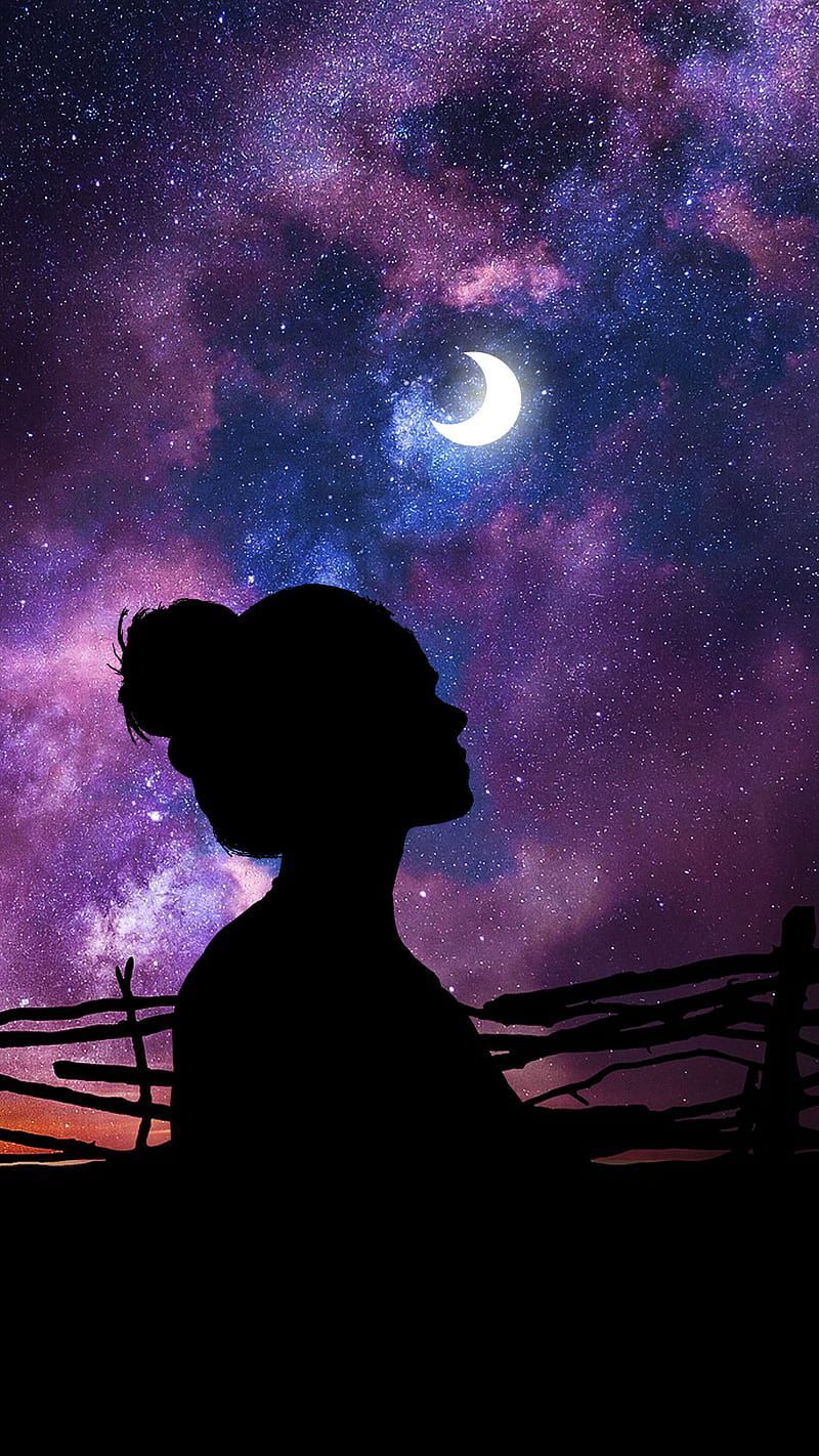 Girl, CreativeSilhouette, cloud, creative, moon, mount, people, shadow, silhouette, HD phone wallpaper