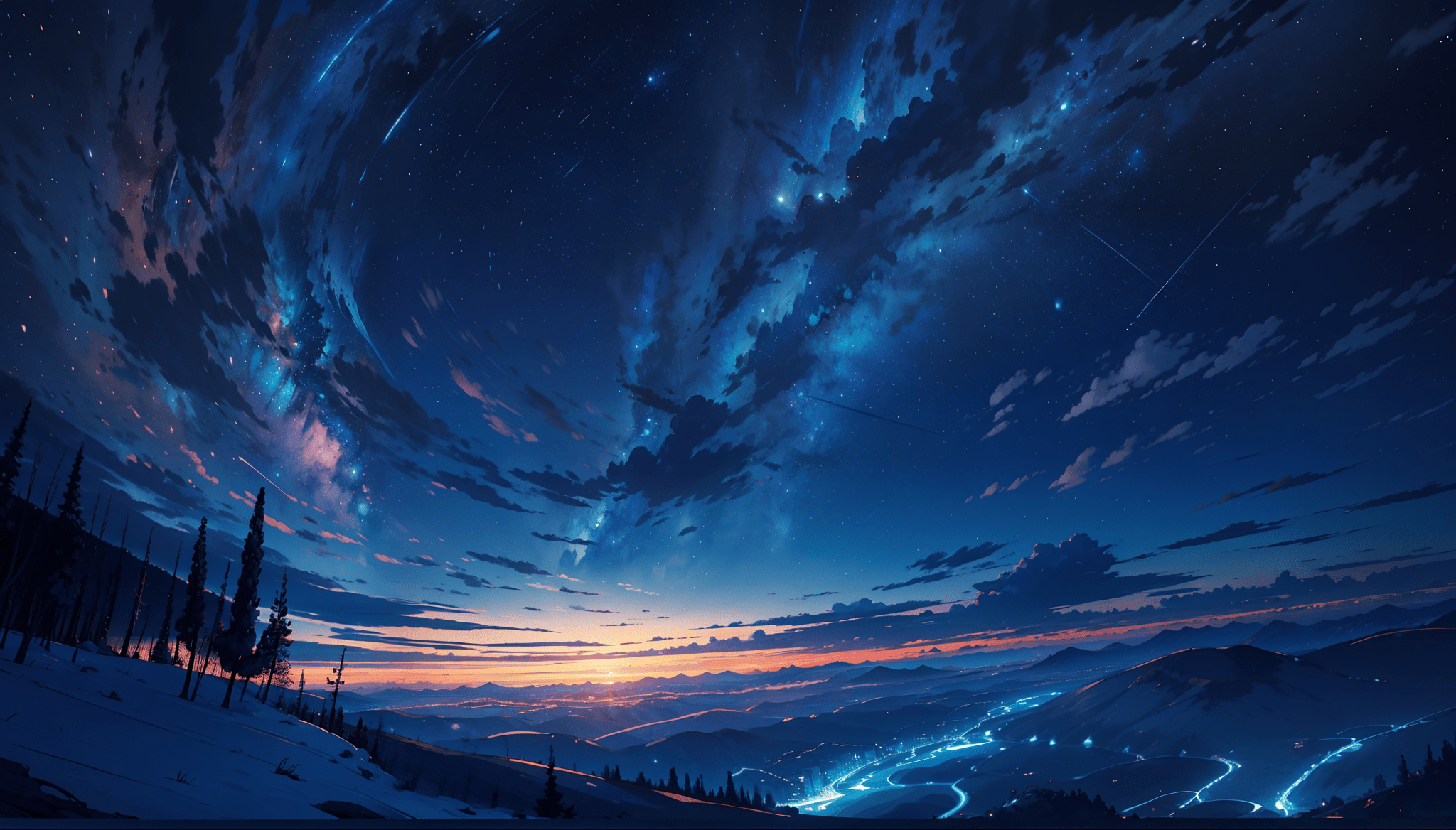 The picture shows a beautiful night sky, with stars shining in the dark blue sky, and a few white clouds floating in the sky. - Scenery