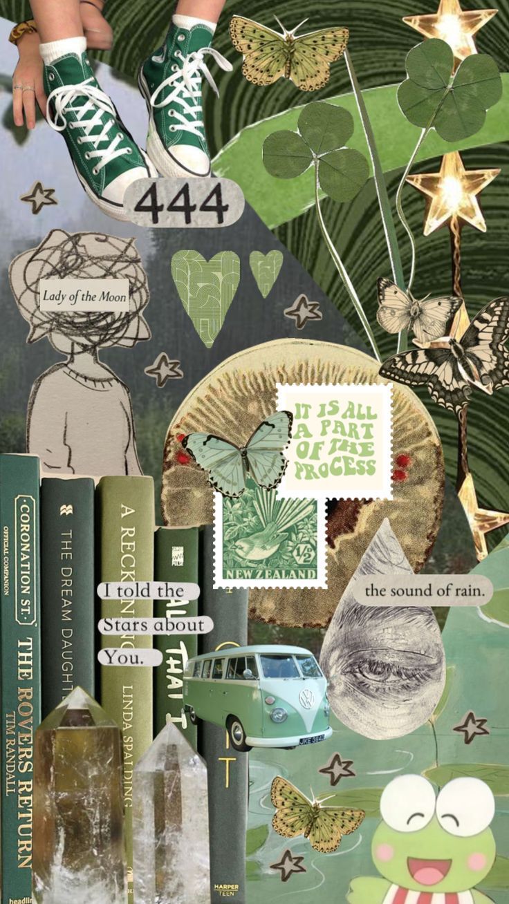 A collage of green items including shoes, books, and leaves. - Goblincore