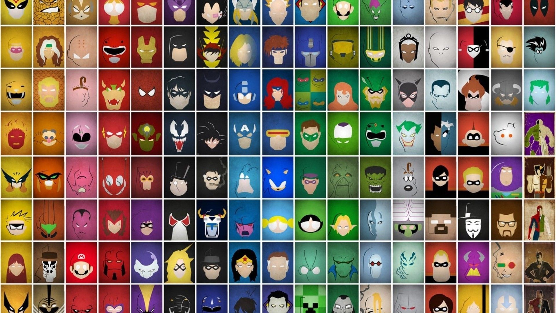 A collage of 100 different superhero faces, including Spiderman, Iron Man, and Batman. - Avengers