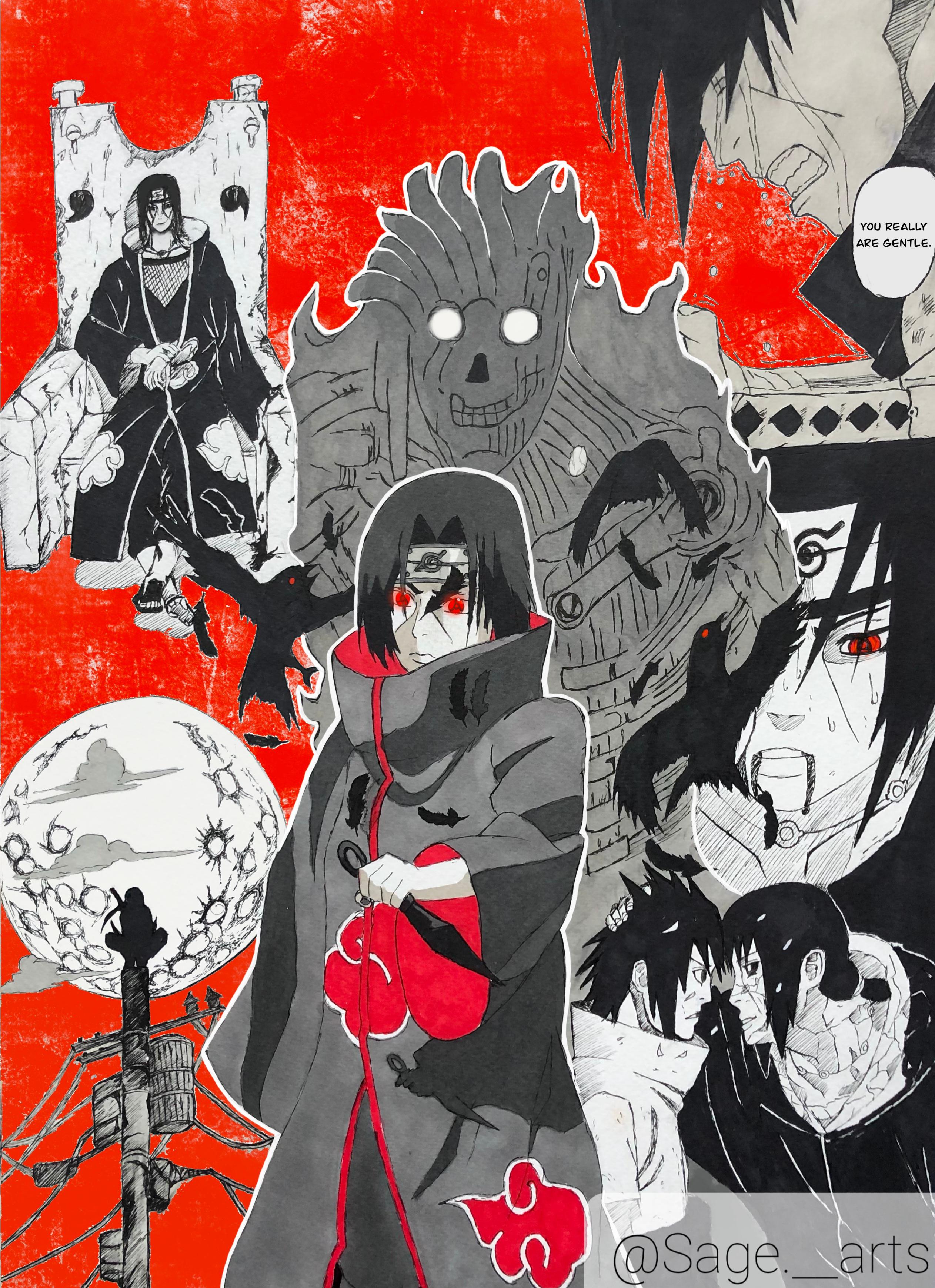 Itachi Uchiha, the greatest shinobi. This one took almost 10-12 hours to complete, it is drawn in A3 sheet plus I used Procreate. Hope you all like it. - Itachi Uchiha