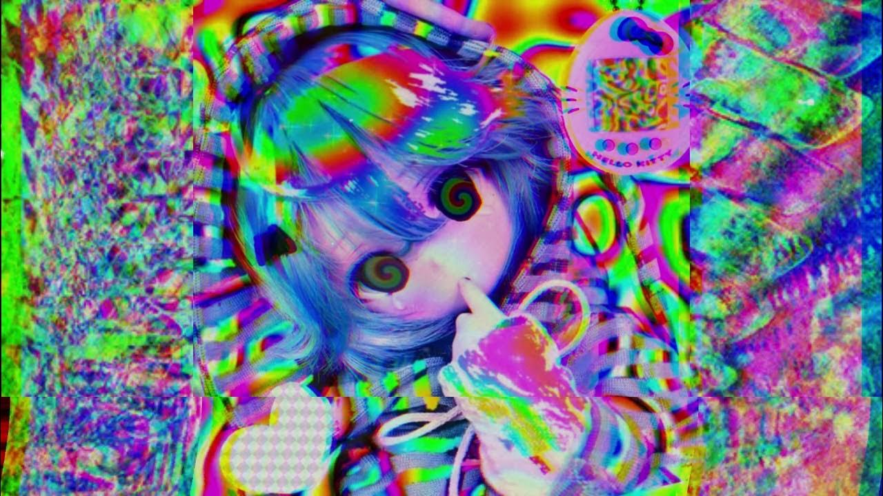 A colorful, trippy image of a blue-haired girl with a cupcake. - Glitchcore