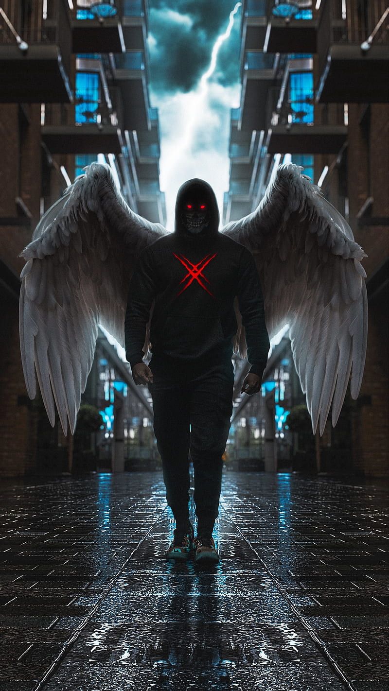 A person with wings standing in a dark alley - Wings