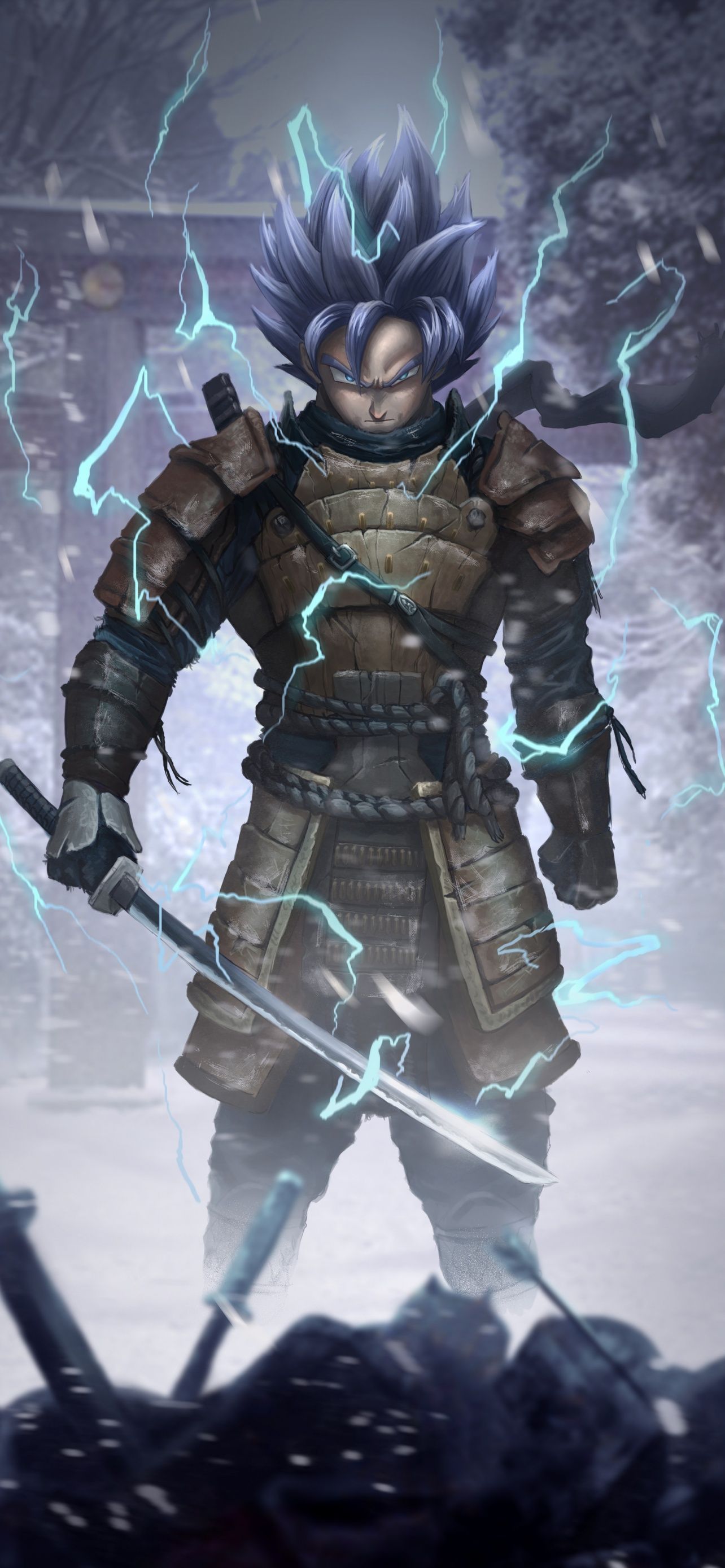A samurai with blue hair holding a sword with lightning around him - Samurai