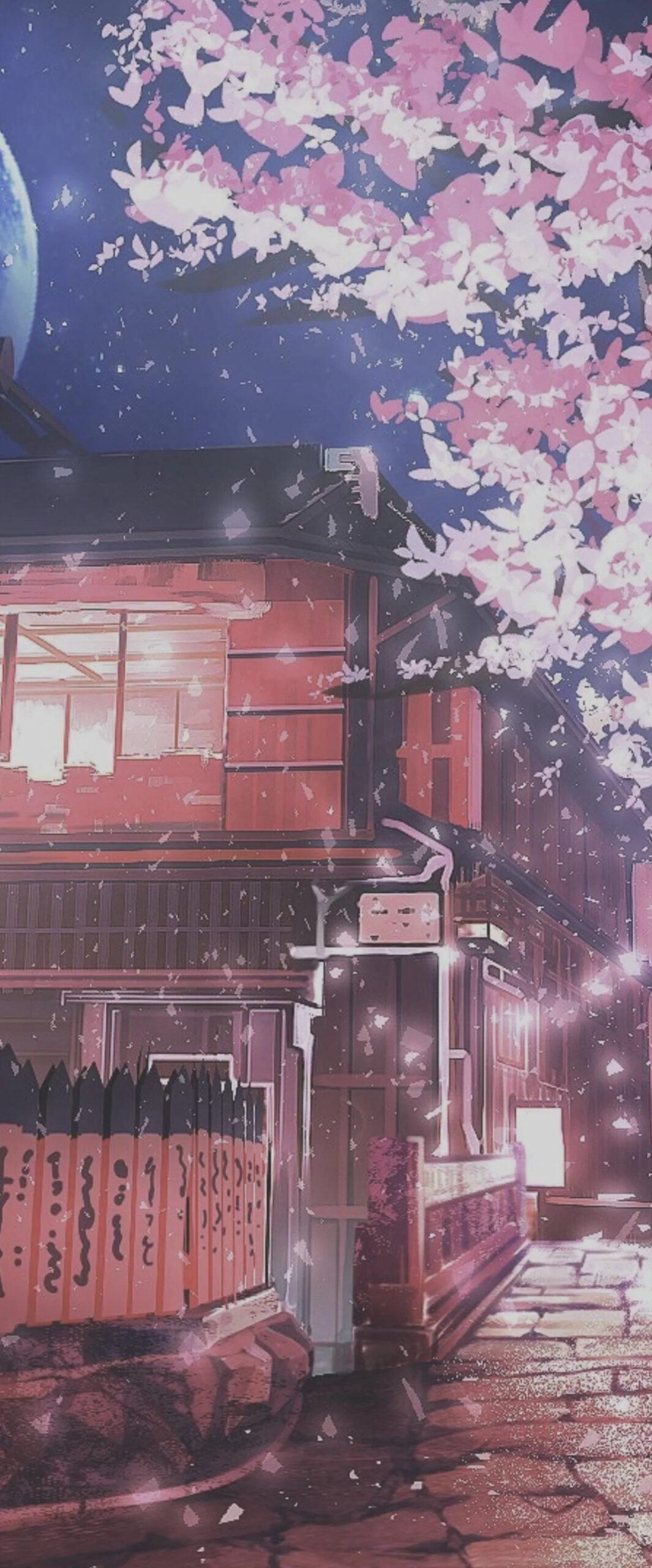 Aesthetic anime houses with cherry blossoms in the night - Scenery, anime landscape