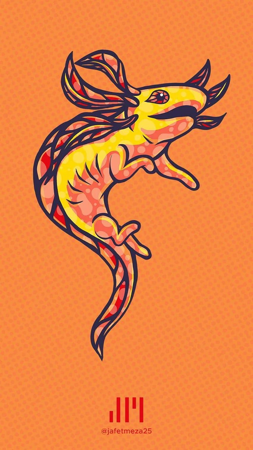 A digital drawing of a yellow axolotl with a red and yellow pattern on an orange background - Axolotl