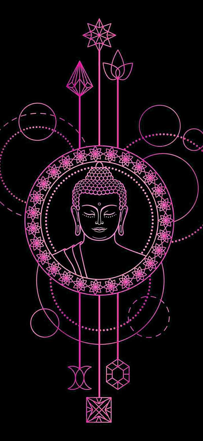 Neon pink outline of a buddha, surrounded by geometric shapes, on a black background, phone wallpaper - Spiritual