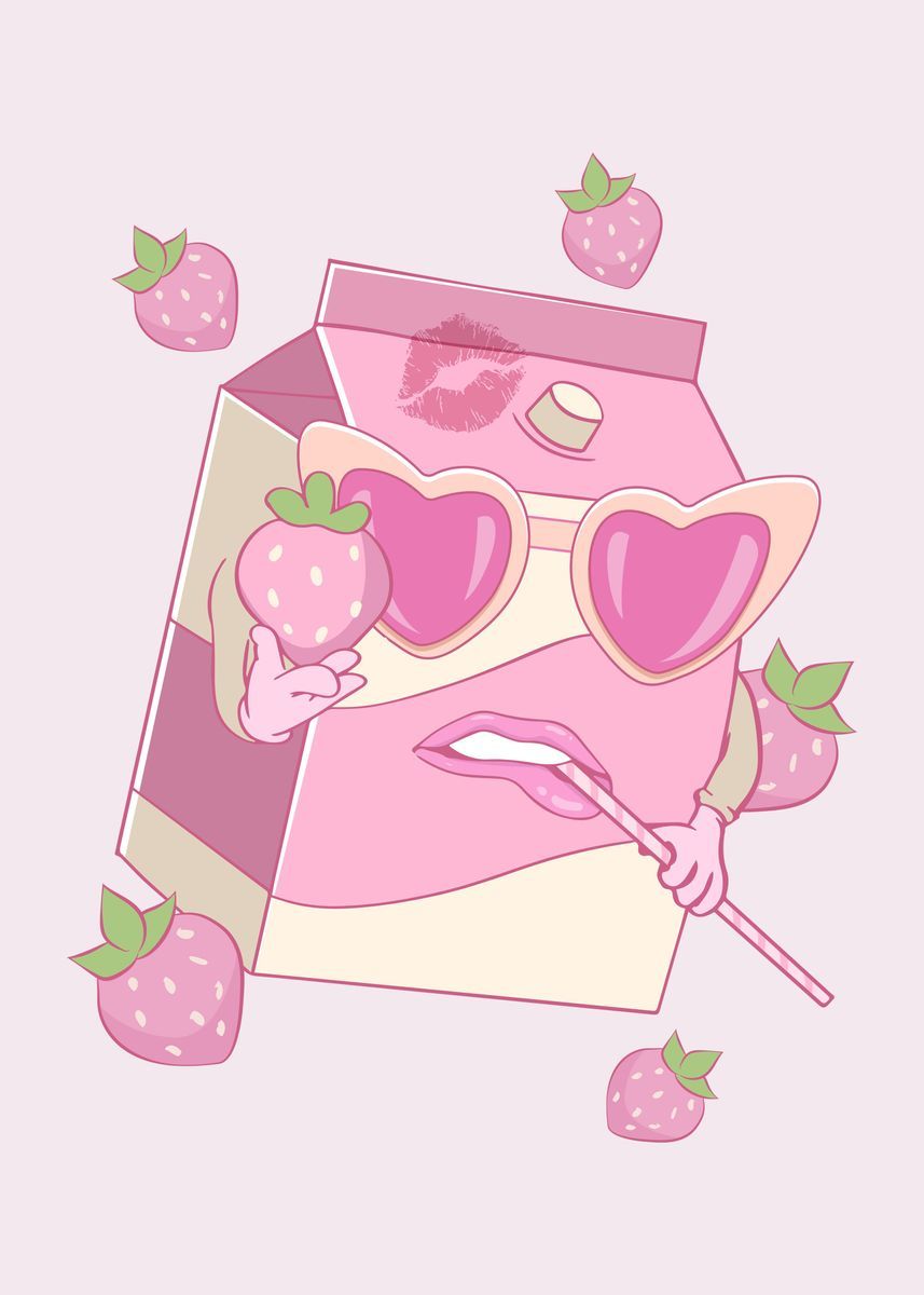 A pink strawberry milk carton with a pair of pink lips and a pink heart-shaped lolly. - Coquette