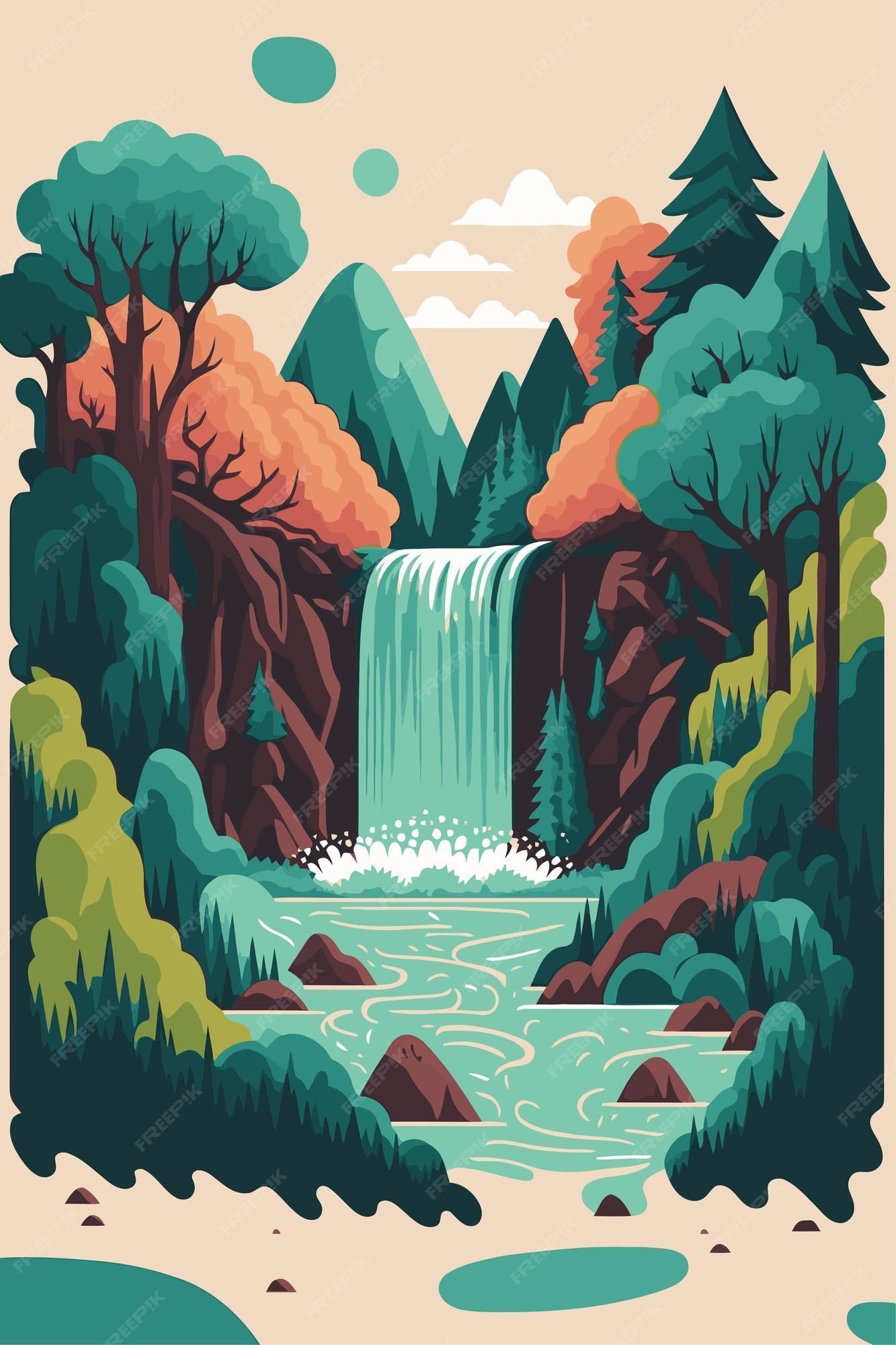 Premium Vector. Waterfall forest nature tropical background jungle wallpaper