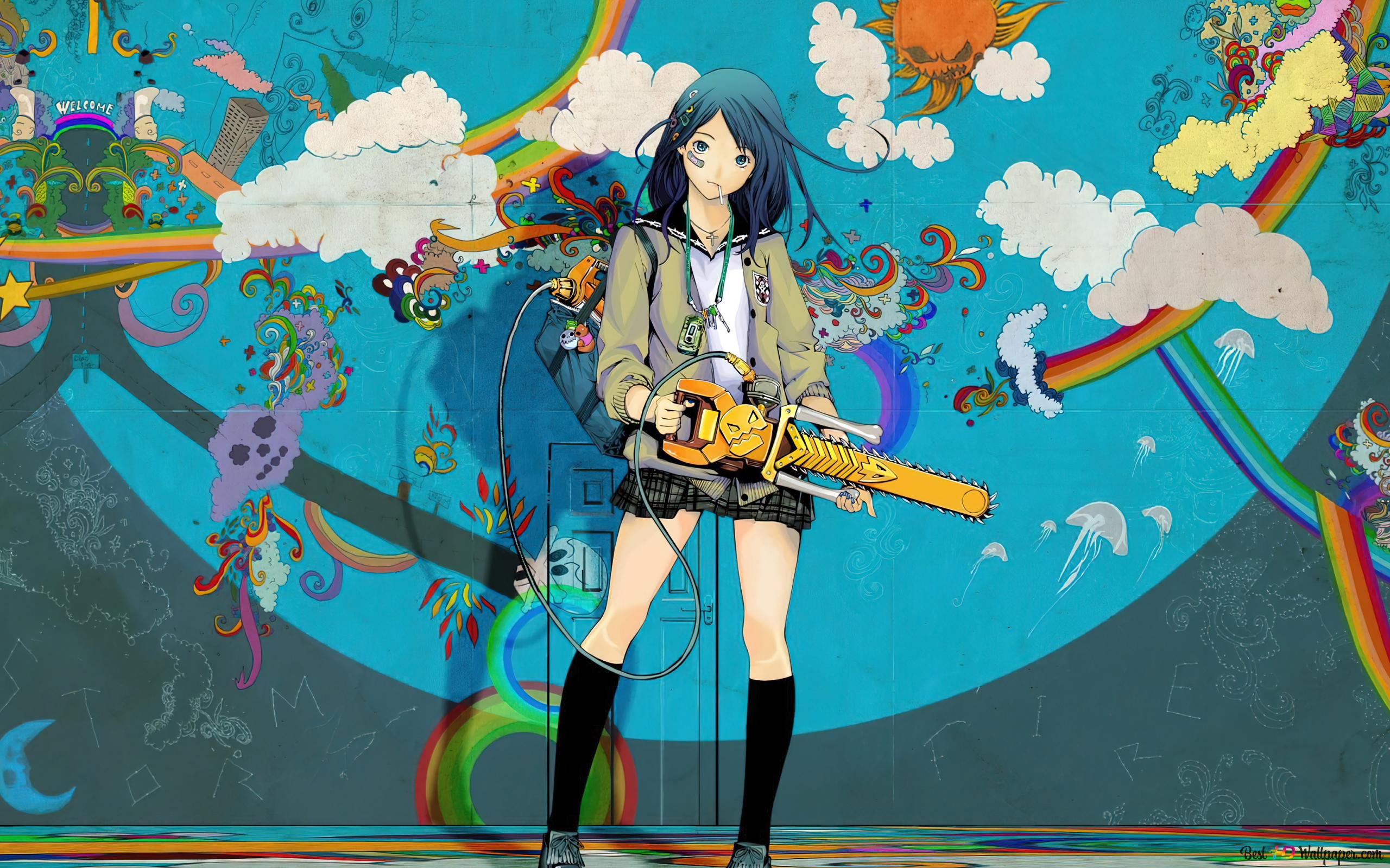 Anime Girl Student Graffiti 4K wallpaper download
