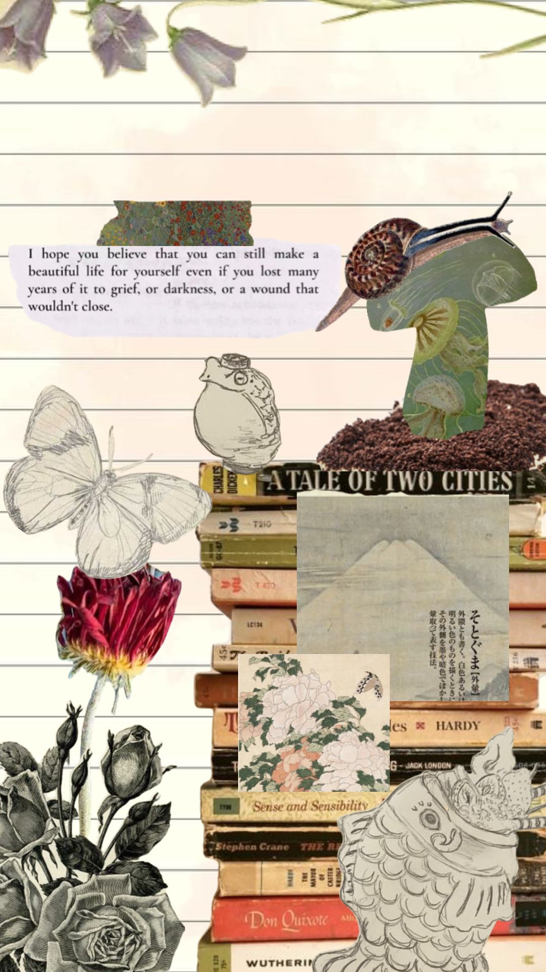 A collage of books, flowers, and butterflies. - Goblincore